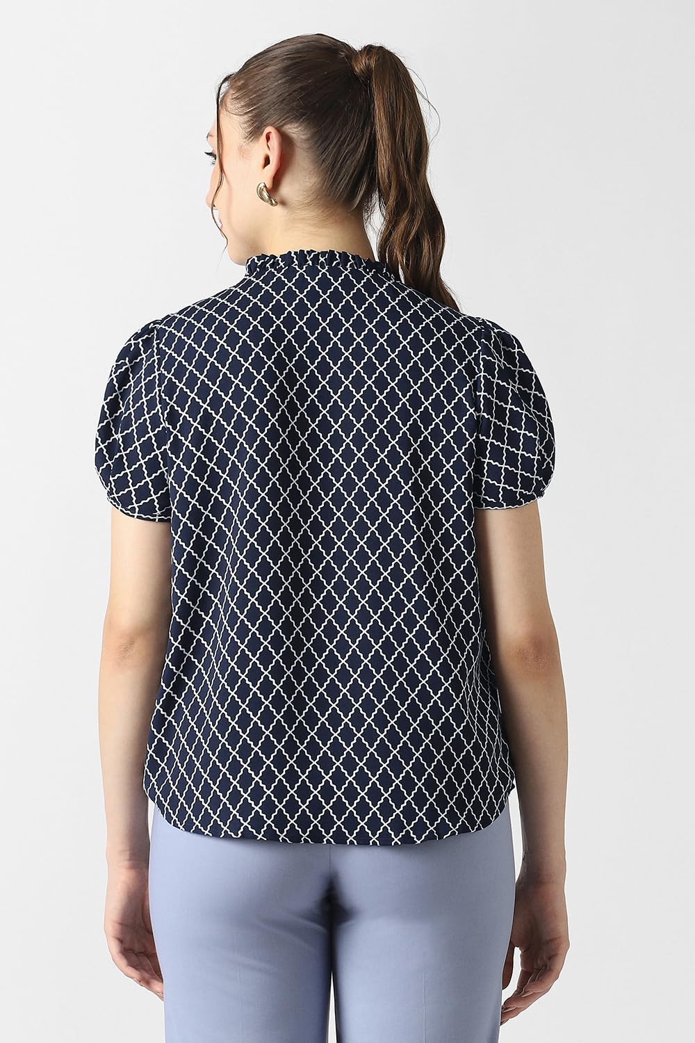 Women Navy Print Formal Round Neck Top