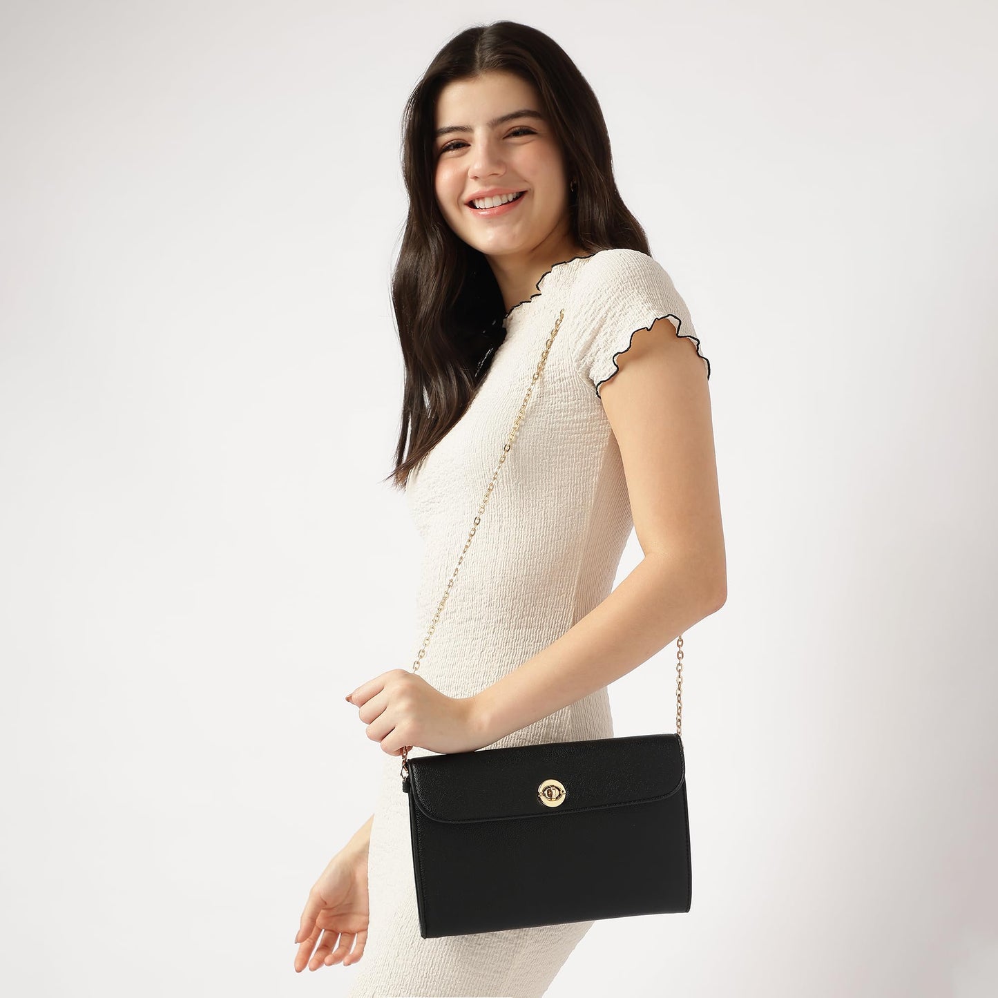 Fastrack Chain Reaction Sling Bag for Women | Medium Size with Flap Closure, Twist Lock and Gold Metal Chain | Stylish Sling Bag for Parties and Casual Outings