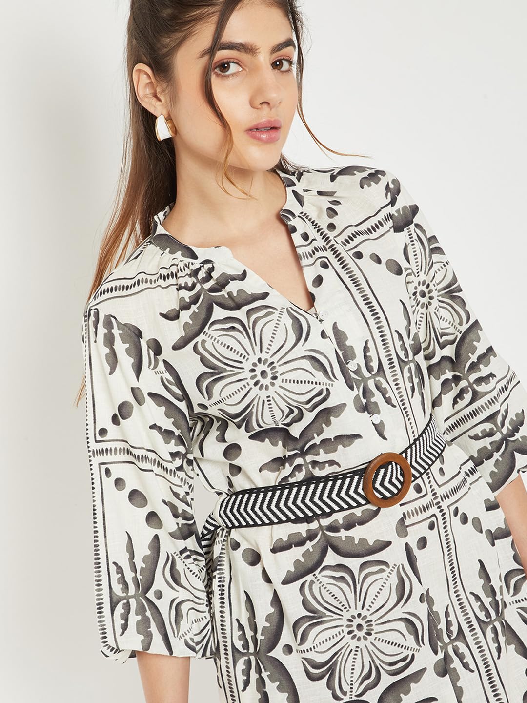 Max Women Printed Shirt Dress with Belt(White_M)
