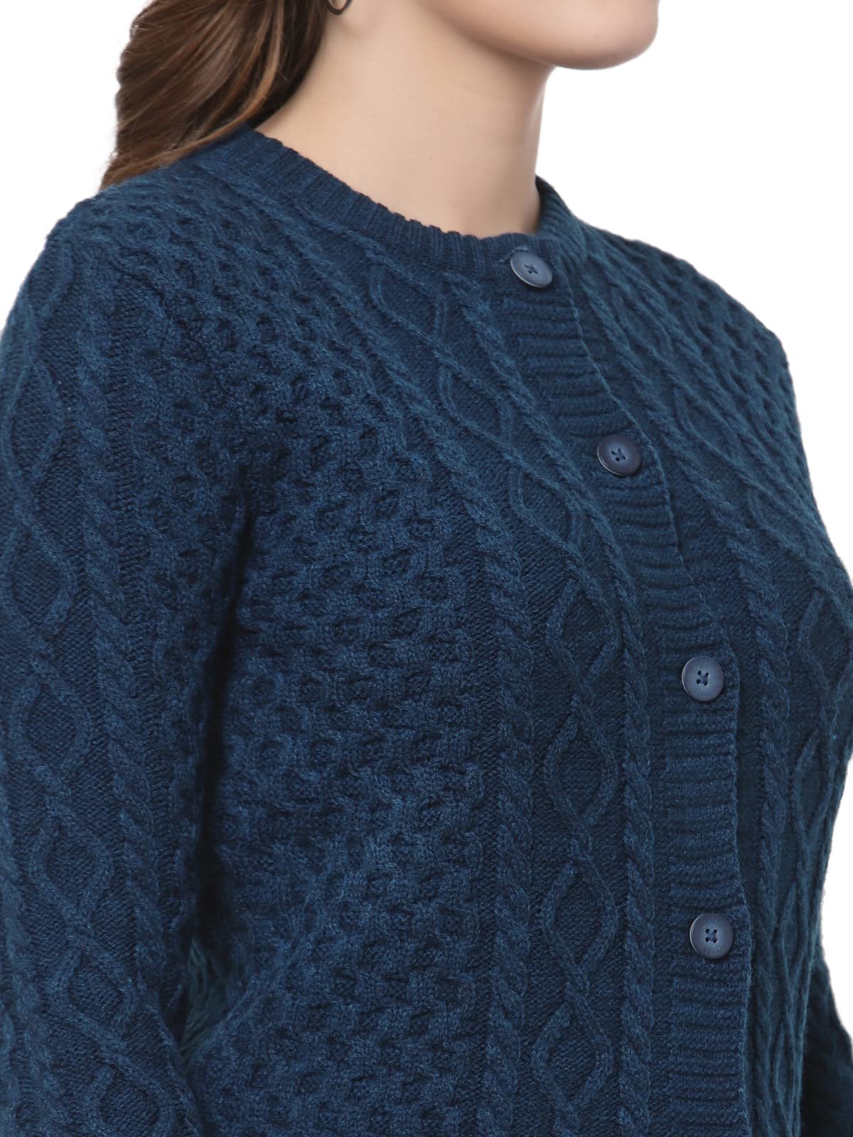 Kalt Women Sweater for Winters Woolen Acrylic Full Sleeve Round Neck Cable Design Cardigan Sweater for Women Winter Woollen Stylish (Teal;3XL)