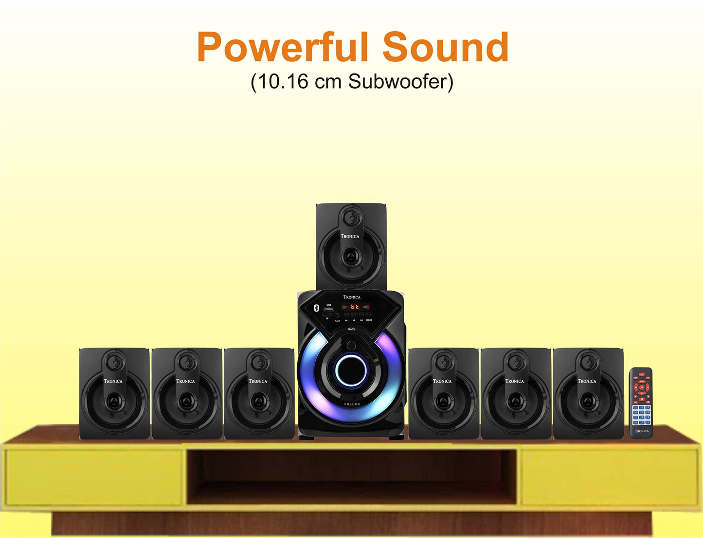 TRONICA Series 7.1 Channel Home Theatre System � Bluetooth, USB,FM, SD, RCA Inputs,AUX, LED TV Supported 4 Inch Active Subwoofer, 3� Passive Radiator, Vivid Lights, Wireless Remote