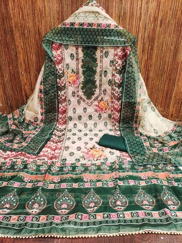 VARNI FABRICS Organza Dress Material for Women Multi Pattern Unstitched Woman Salwar Suit Dress Material With Organza Dupatta Green