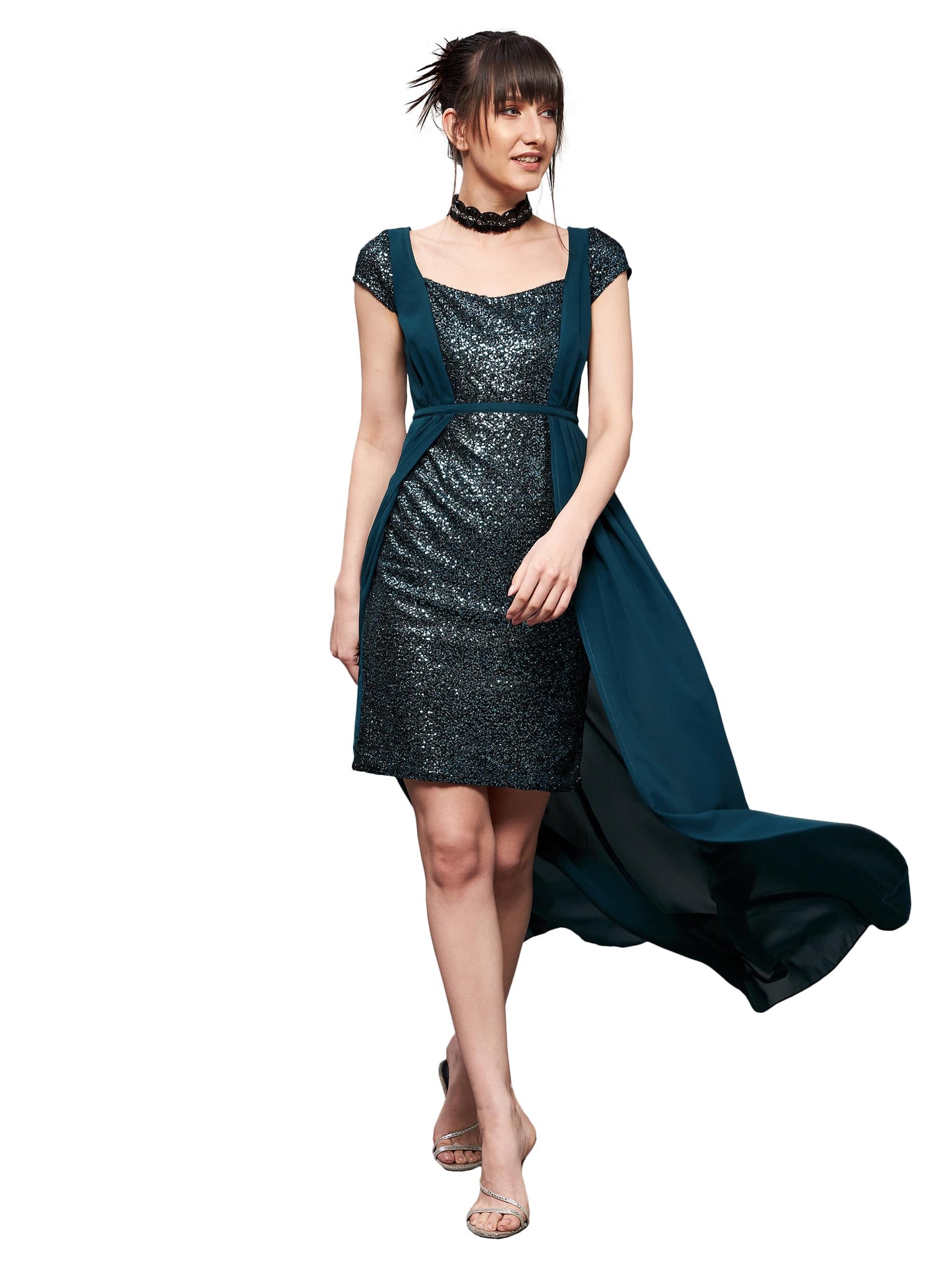 Miss Chase Women's Square Neck Short Sleeve Embellished Layered Maxi Dress (MCSS22D13-70-83-04, Teal, M)