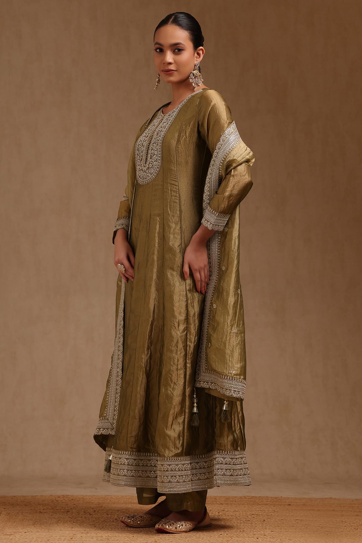 Soch Womens Olive Tissue Embroidered Salwar Suit With Sequins