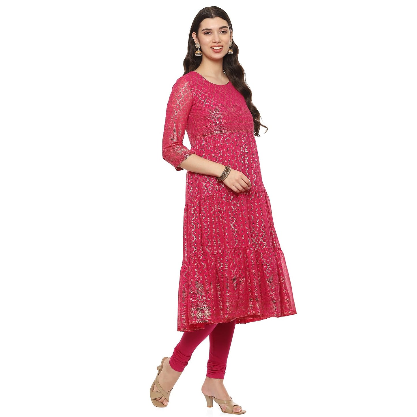 BIBA Women Cotton Blend Printed Anarkali Salwar Kurta Dupatta(Skdgold Mur9143_Fuchsia_42), Pink
