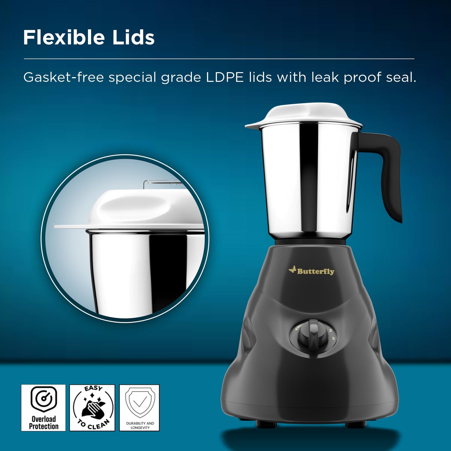 Butterfly Hero 500 Watts Mixer Grinder with 3 Jars | Stainless Steel Multipurpose Jars | ABS Body | Motor Overload Protection | 1 Year Manufacturer's Warranty | Grey