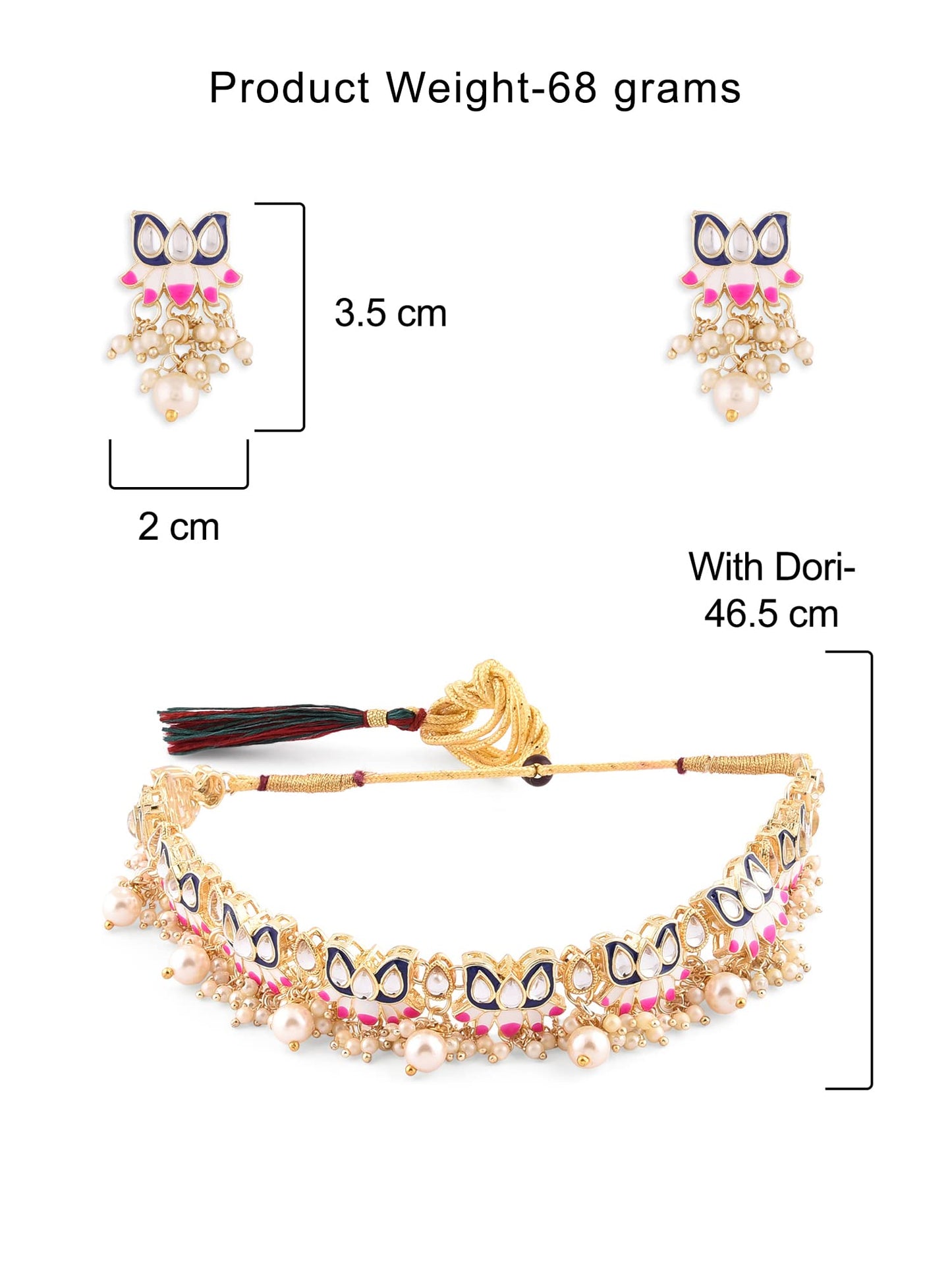 ZAVERI PEARLS Blue & Pink Meenakari Lotus Design Choker Necklace Earring & Ring Set For Women-ZPFK14435