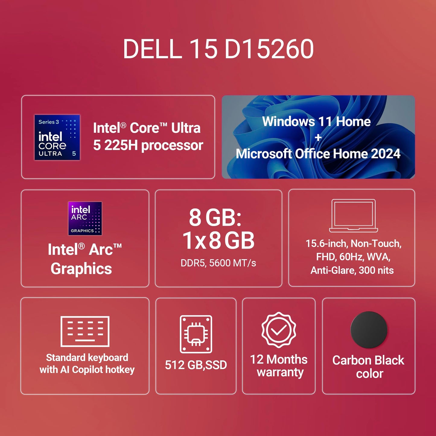 Dell 15 AI Powered Laptop, Intel Core Ultra 5 225H, 8GB DDR5 RAM, 512GB SSD, 15.6" FHD Anti-Glare Display, Intel Arc Graphics, Standard Keyboard, Dedicated Copilot Key, Black, Win11 Home + MSO H&S'24