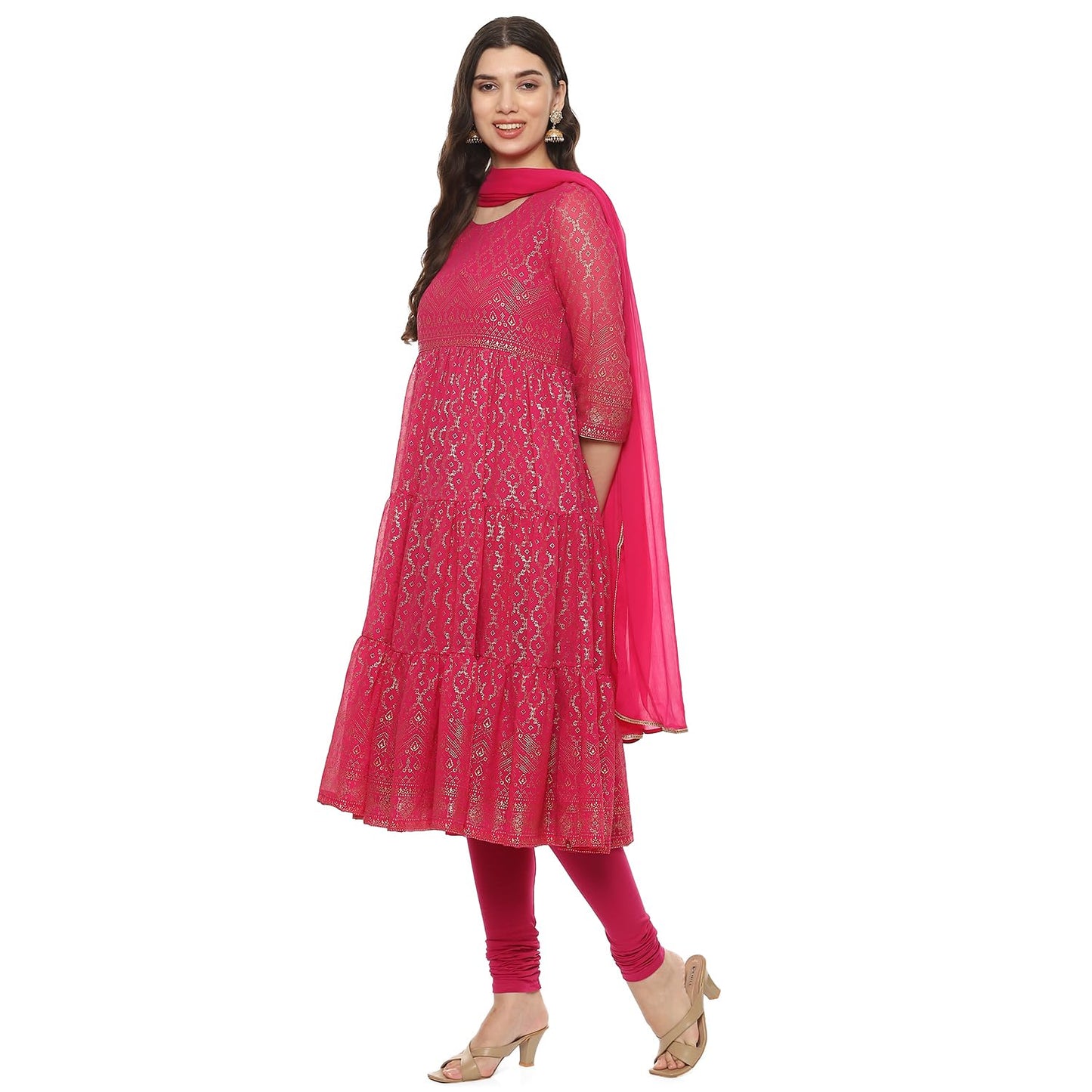 BIBA Women Cotton Blend Printed Anarkali Salwar Kurta Dupatta(Skdgold Mur9143_Fuchsia_42), Pink