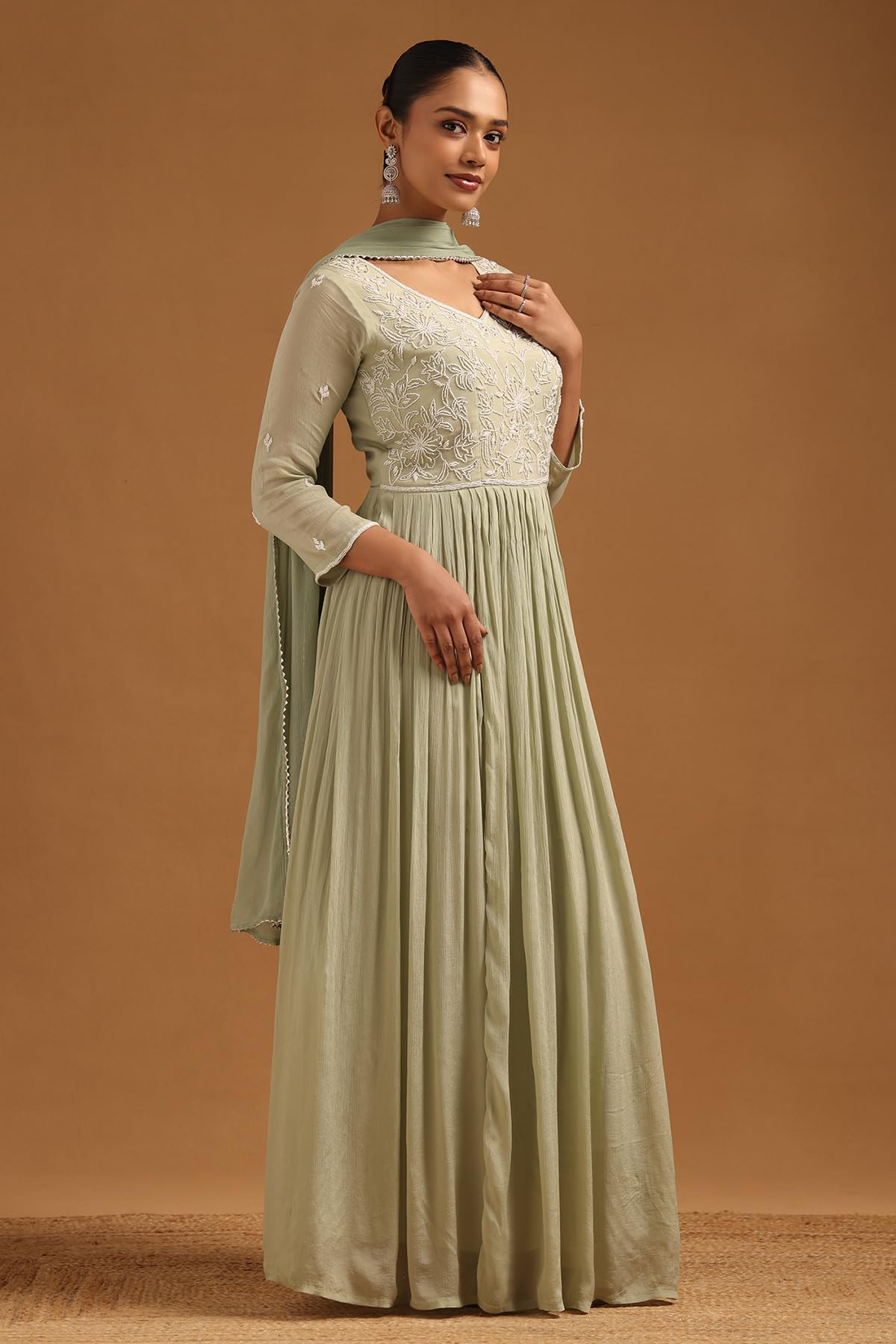Soch Womens Sap Green Chinon Floral Gown with Cutwork and Stones
