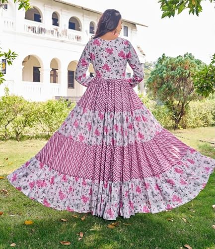 Samprag Women’s Poly Viscose Rayon Gown | Pink Printed Fit & Flare Full-Length Ethnic Dress | Long Sleeve Round Neck Wedding (M)