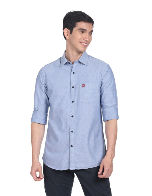 U.S. POLO ASSN. Men's Solid Spread Collar Premium Cotton Oxford Tailored Fit Shirt (USSHTR0027_DK. Blue_L)