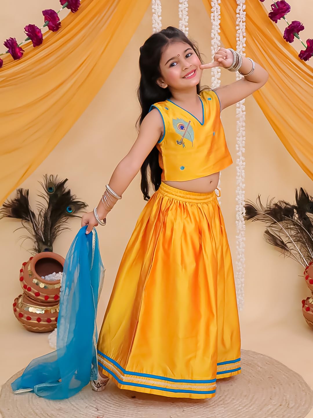 The Mom Store Girls Lehenga Set With Dupatta Ethnic Wear | Stylish Kids/baby for Festivals & Special Occasions | Rang Radha, Yellow | 5-6Y