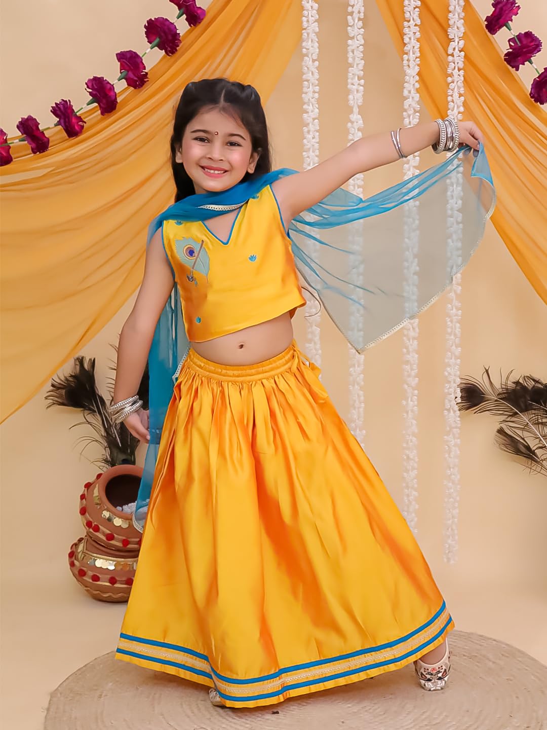 The Mom Store Girls Lehenga Set With Dupatta Ethnic Wear | Stylish Kids/baby for Festivals & Special Occasions | Rang Radha, Yellow | 5-6Y