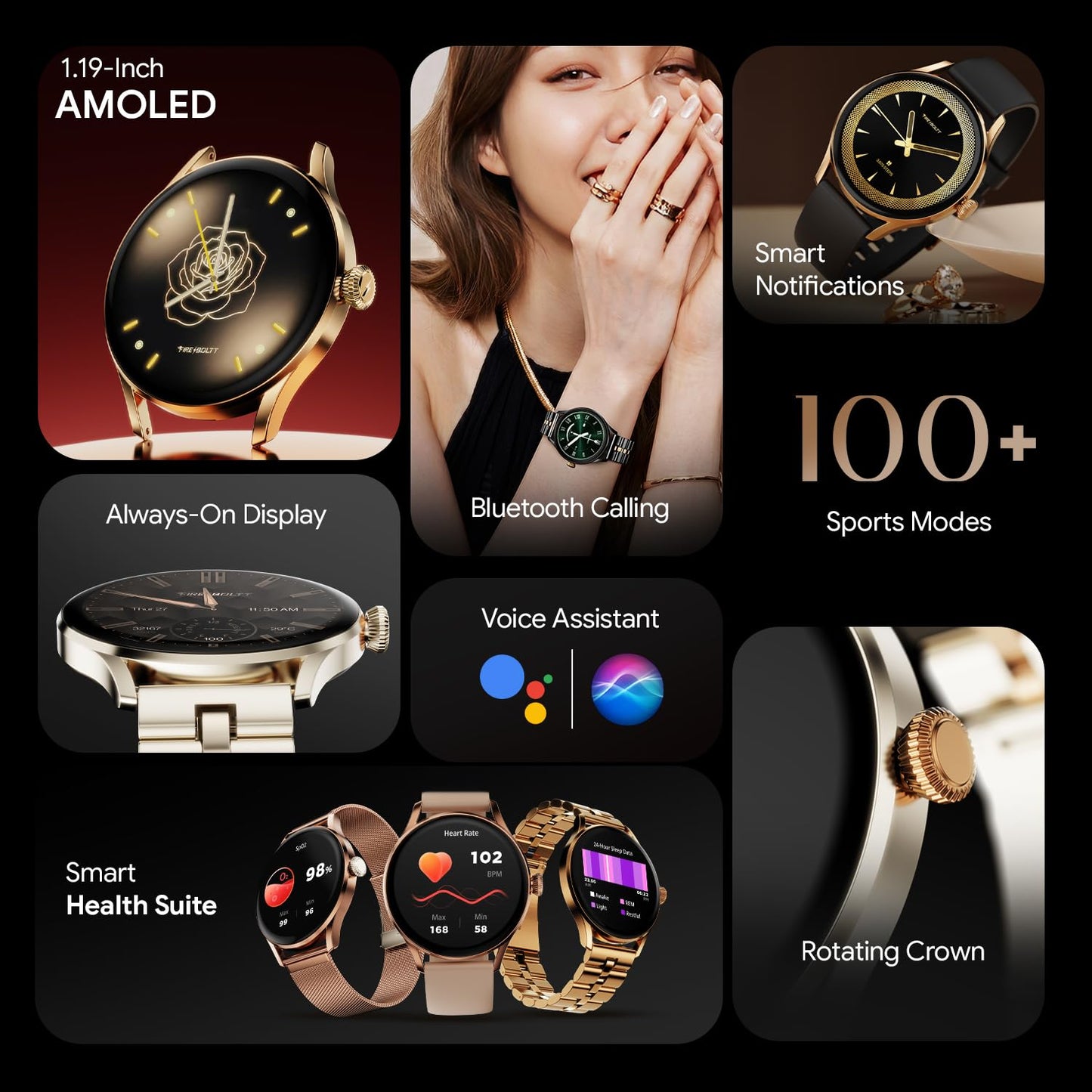 Fire-Boltt Glitz Women Smart Watch with 1.19” AMOLED Display, Bluetooth Calling, Rotating Crown, Always On Display, 1000 Nits Brightness, IP68 Waterproof Soft Olive