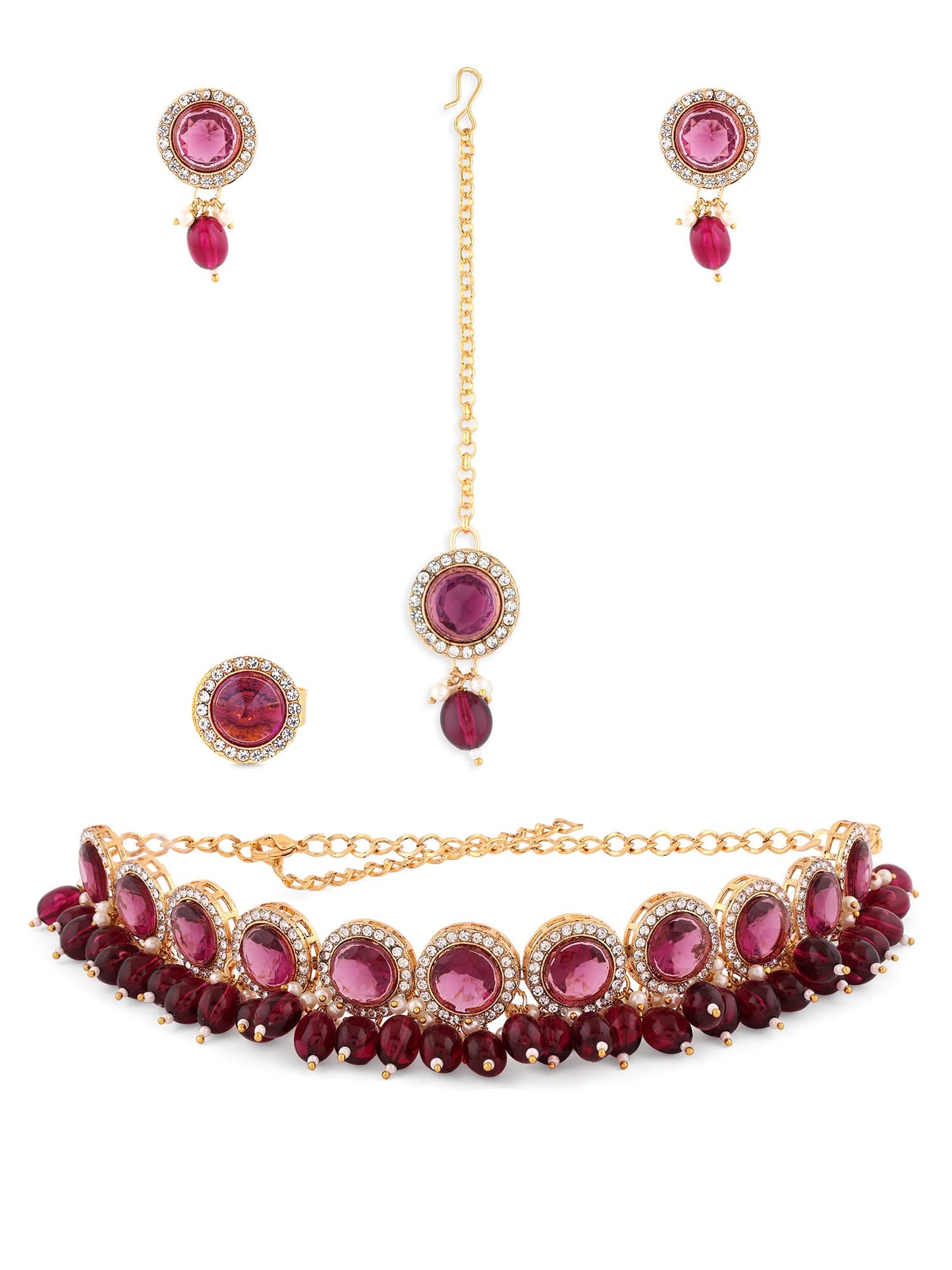 ZAVERI PEARLS Wine Color Stones & Cluster Beads Choker Necklace Earring Maangtikka & Ring Set For Women-ZPFK14598