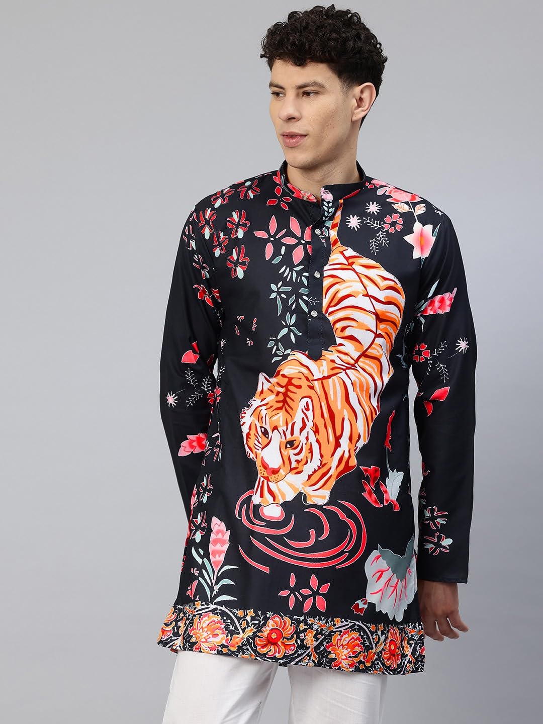 Luxrio Men's Cotton Blend Abstract Jungle Printed Textured Long Kurta Full Sleeves Black Size XXL