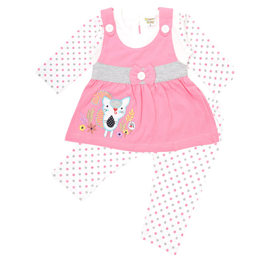 NammaBaby Premium Baby Girls Full Sleeves Frock with Pant Baby Girl's Cotton Frock with Leggings, Capriset- Pack of 1 (Pink, 6-12 Months)