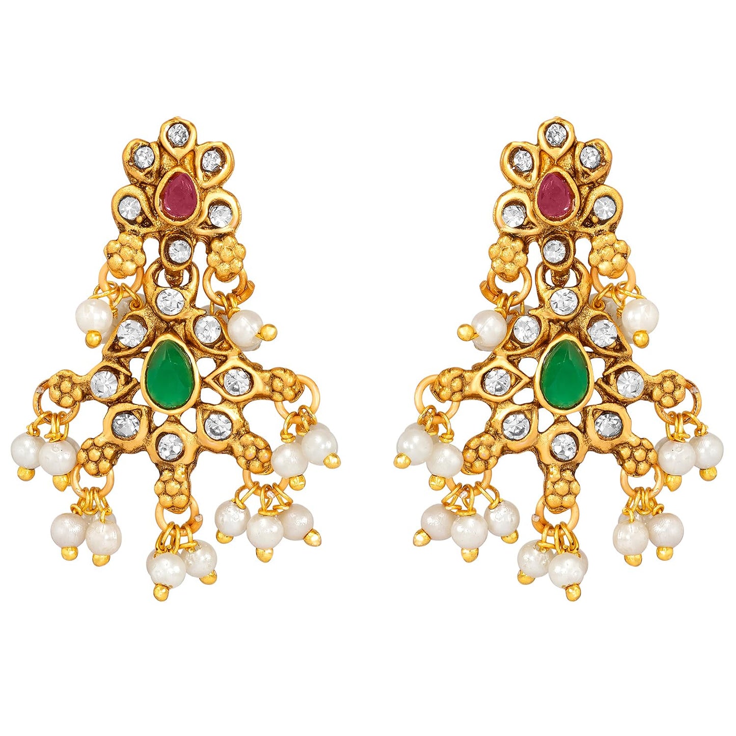 Peora Traditional Gold Plated Red Green Beads Studded Long Necklace Drop Earrings Set Ethnic Stylish Fashion Jewellery Gift for Girls Women|Mothers Day Gifts for Mom