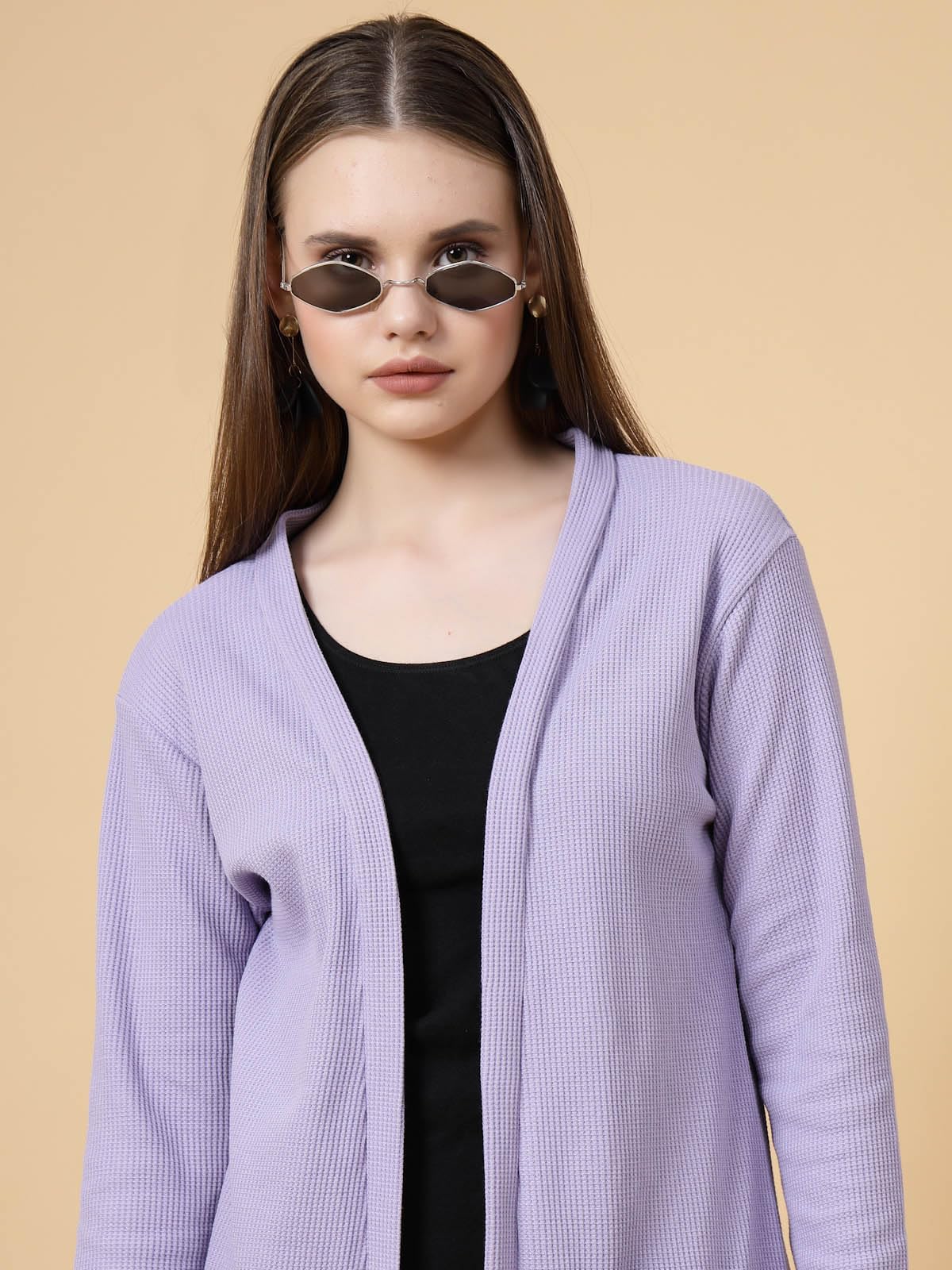 Rigo Cotton Front Open Shrug for Women | Stylish, Slim Fit, Long | Casual Wear, Solid Full Sleeves With Pockets (Light Purple, Free Size)