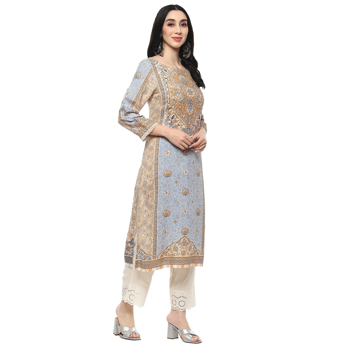 BIBA Regular Women Viscose Printed Kurta (RIBAYATCOLLECTION20148SS24BEG_Beige