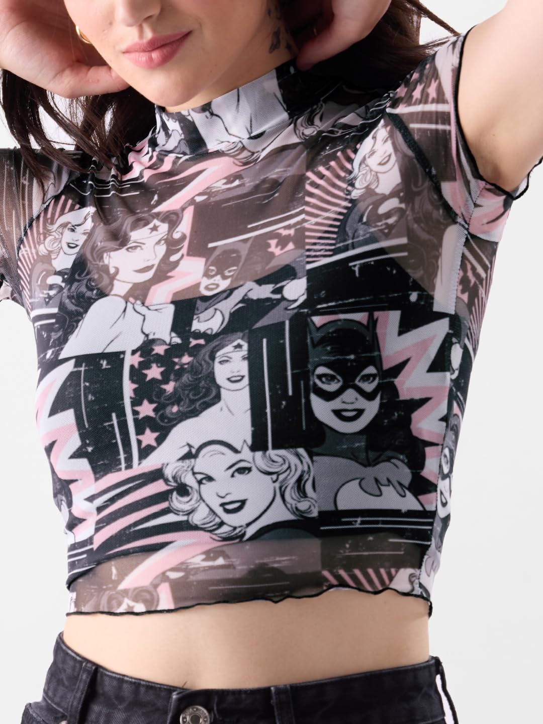 The Souled Store Official DC: Supergirls Women Slim fit Half Sleeve Cotton Multi Color Cropped Tops Crop Top for Girl Women Round Turtle Halter Neck Printed Shoulder Rib Knit Tank Top