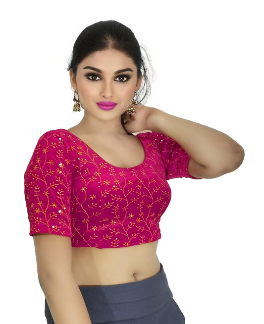 PU Fashion Embroided Readymade Streatchable Stylish Blouse, Spandex Half Sleeve For Women's Pink Size 36"