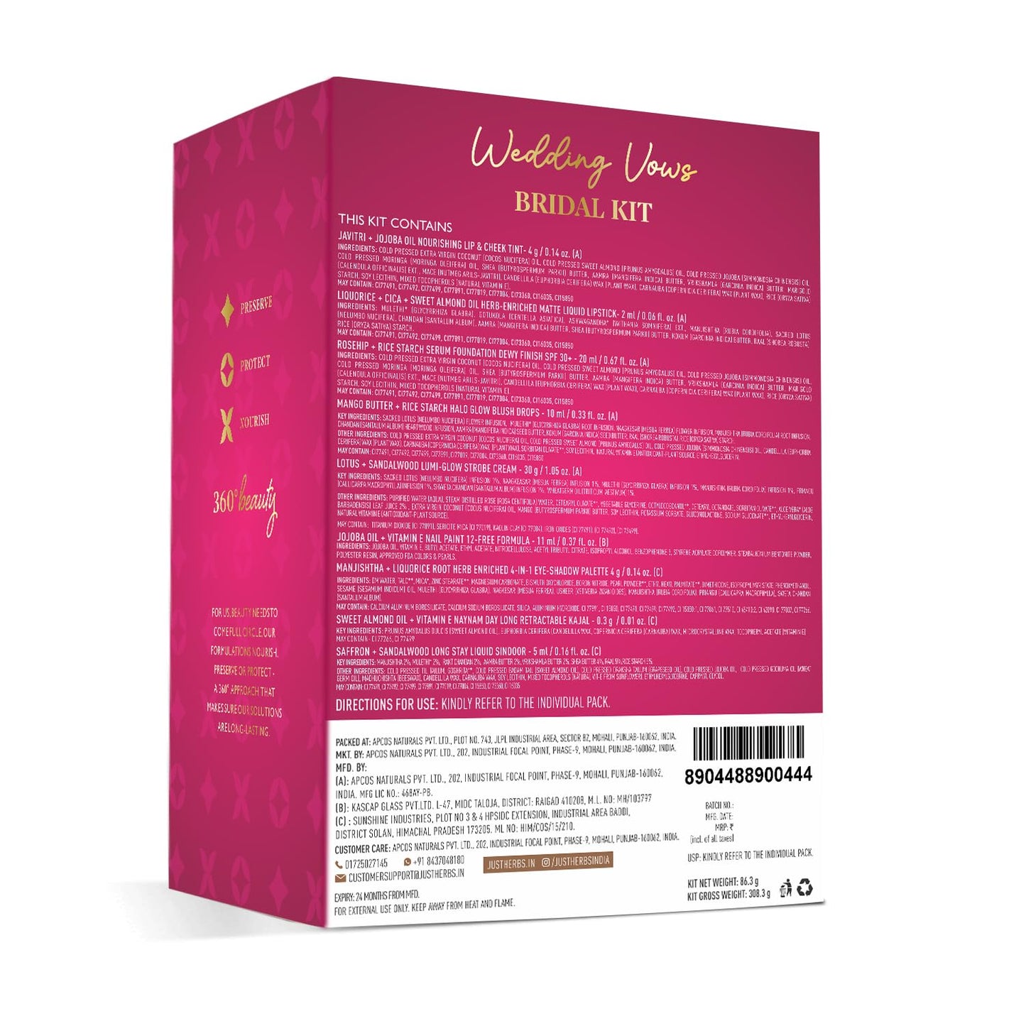 Just Herbs Wedding Kit Glam Essentials with Matte Lipstick | Lip & Cheek Tint | Strobe Cream | Kajal | Sindoor | Eyeshadow Palette | Nail Paint | Serum Foundation | Blush Drops All in One Makeup Gifting Kit for Women (Pack of 9)