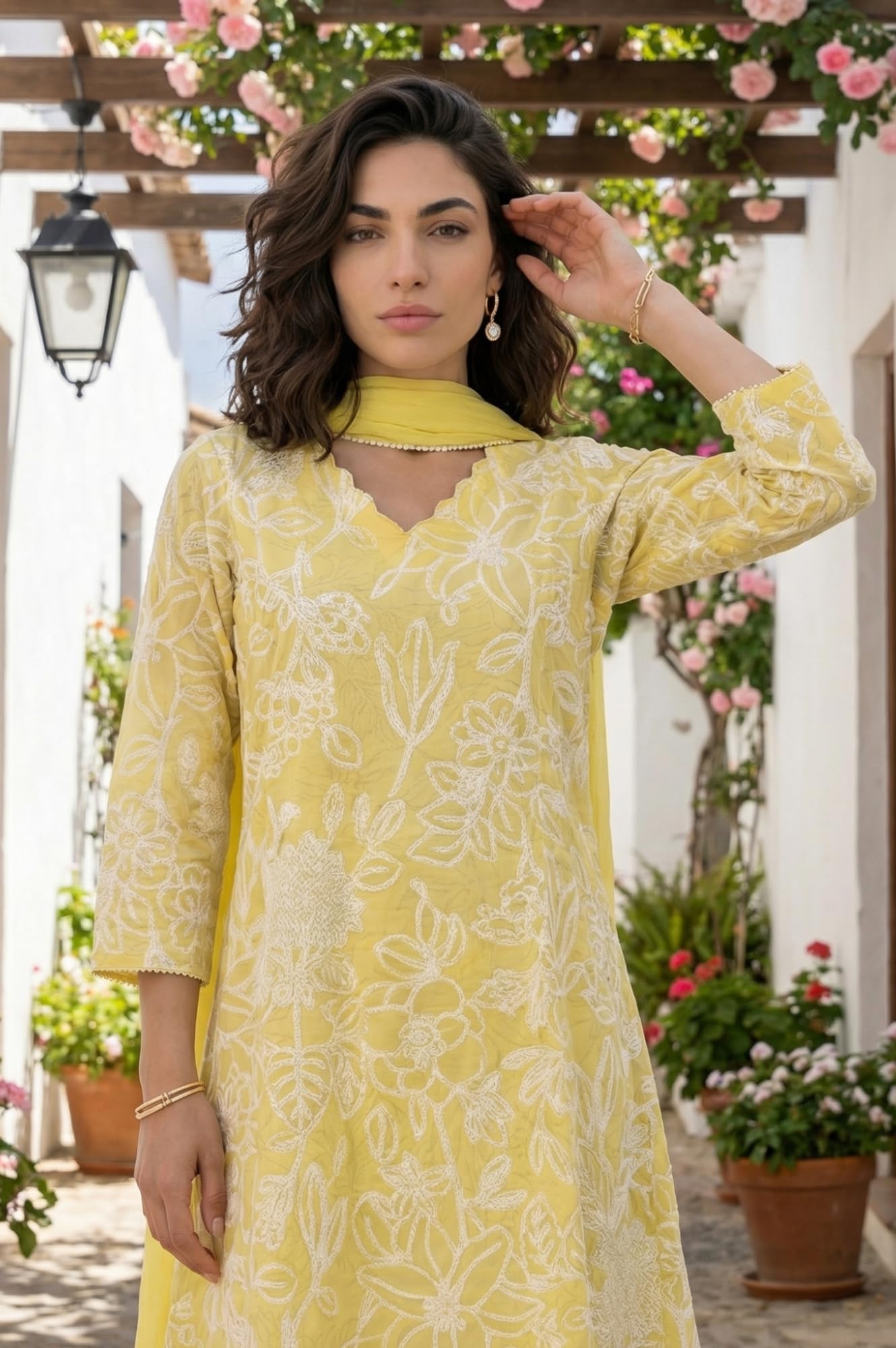 W for Woman Yellow Floral Printed Chanderi A-line Kurta with Pants and Dupatta Set - (WS12702-127279-S)