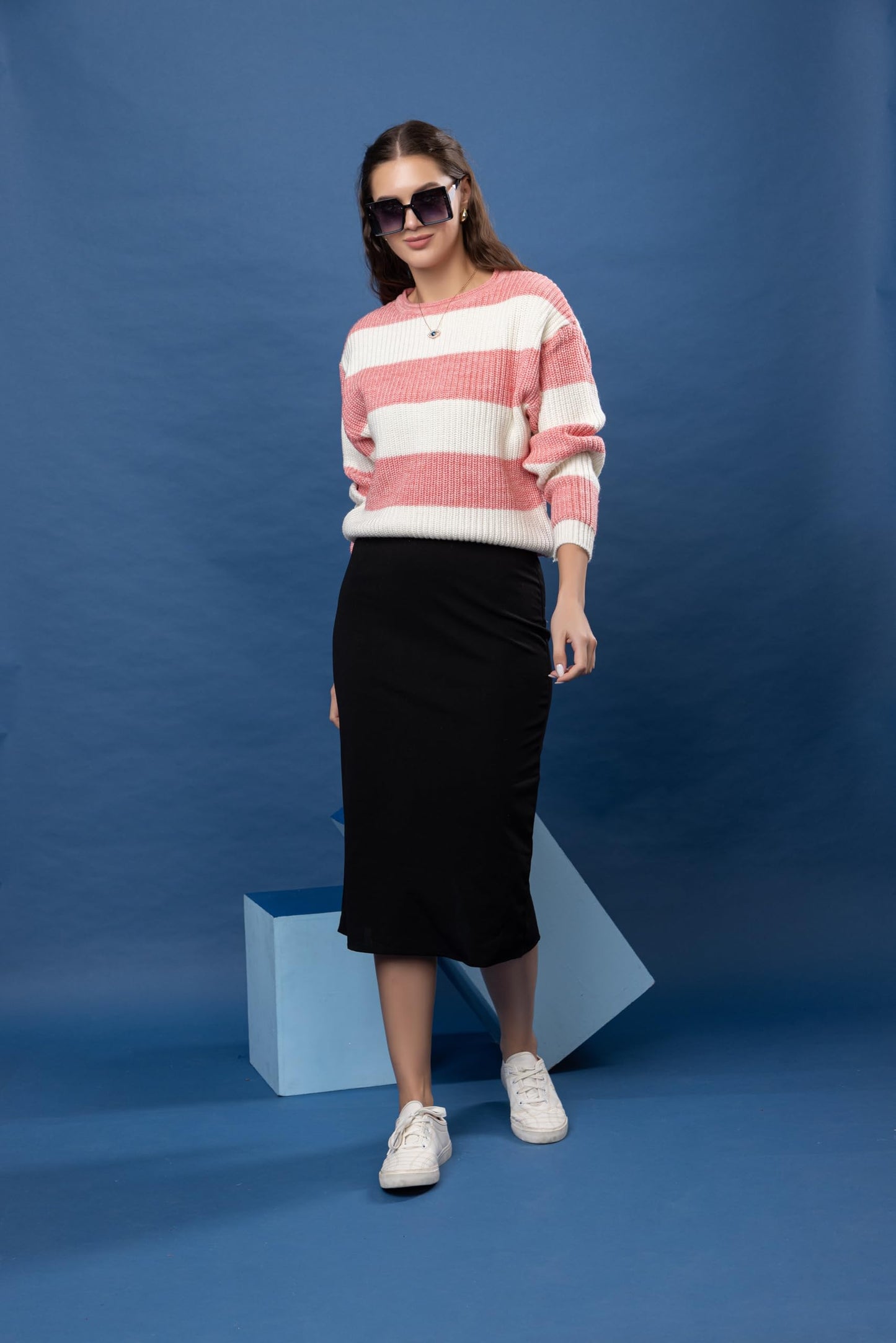 Wear lusso Womens 100% Wool Color Block Stripe Full Sleeve Round Neck Pullover Sweater for Winter Season (in, Alpha, M, Gajri)