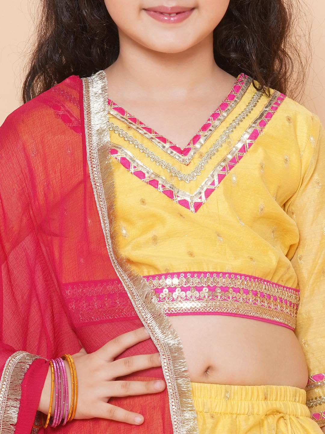 Bitiya by Bhama Girls Yellow Jacquard booti Lehenga Choli Ready to Wear with Pink Dupatta