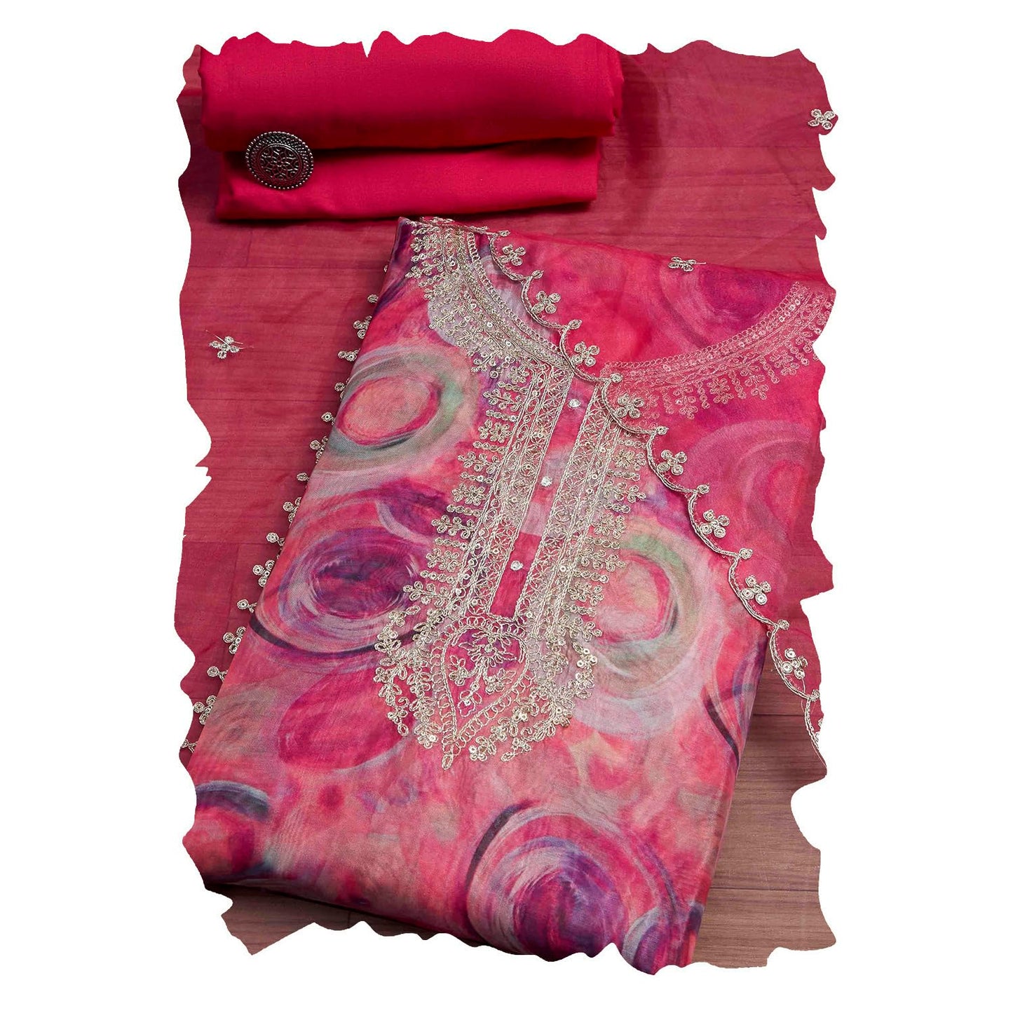 Biba Women Pink Organza Rajasthani Print Unstitched Suit Set_FREE SIZE