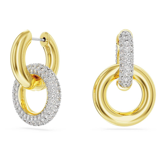 Swarovski Dextera hoop earrings, Asymmetrical design, Interlocking loop, White, Gold-tone plated