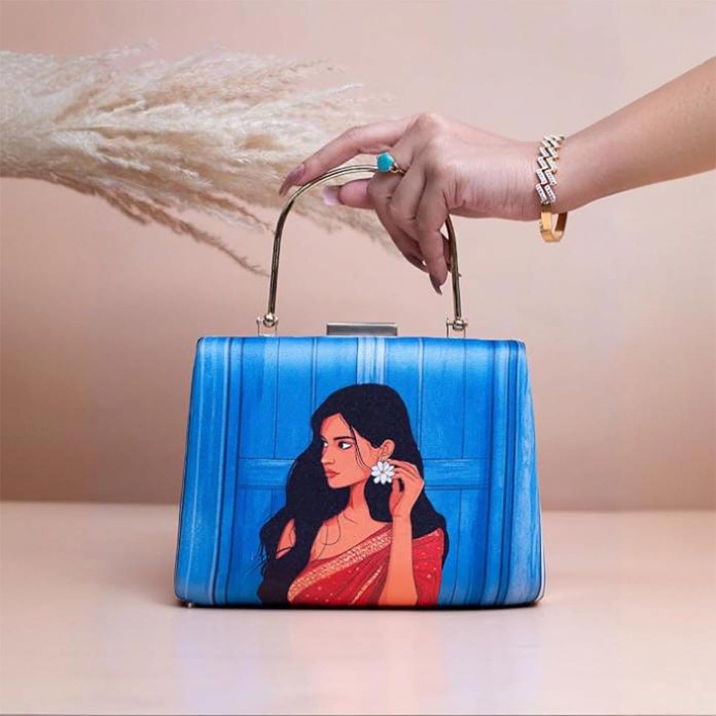 Artklim Blue Based Red Saree Women Portrait Printed Clutch Bag for Women with handle and Detachable Strap