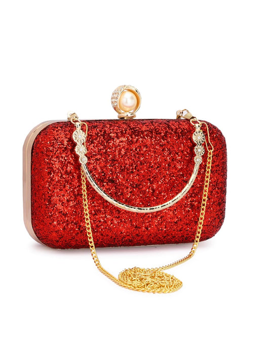 TOOBA Women's Handcrafted Beautiful Bling Box Clutch Bag (Red Pearl)