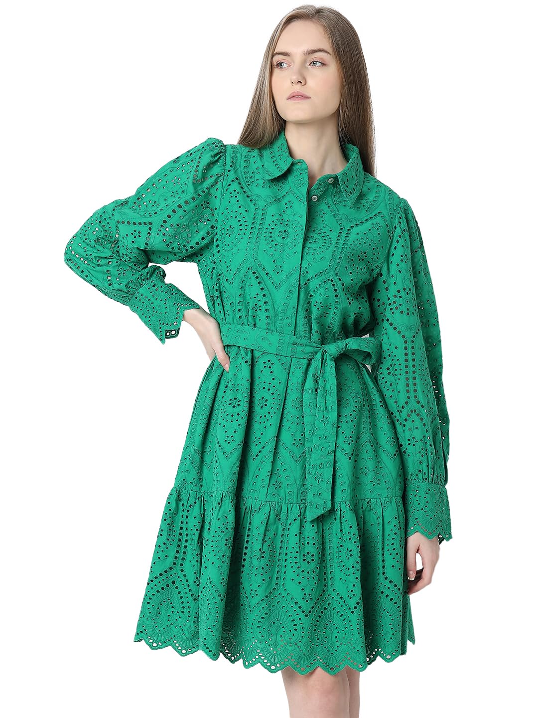 Vero Moda Women's Cotton Shirt Above The Knee Dress (9007019-Golf Green_Golf