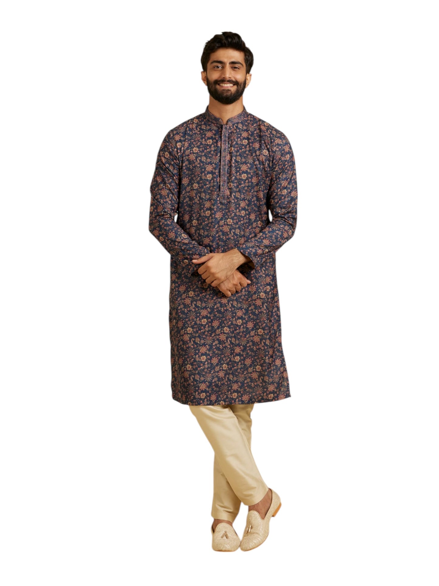 Manyavar Men's Viscose Blend Floral Print Kurta Pyjama Set (Blue,L)