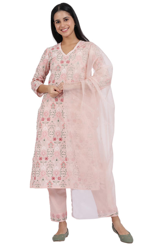 W for Woman Embroidered Lace Pure Cotton Straight Kurta & Straight pant with Dupatta Set (Size: M)-WS12421-400788