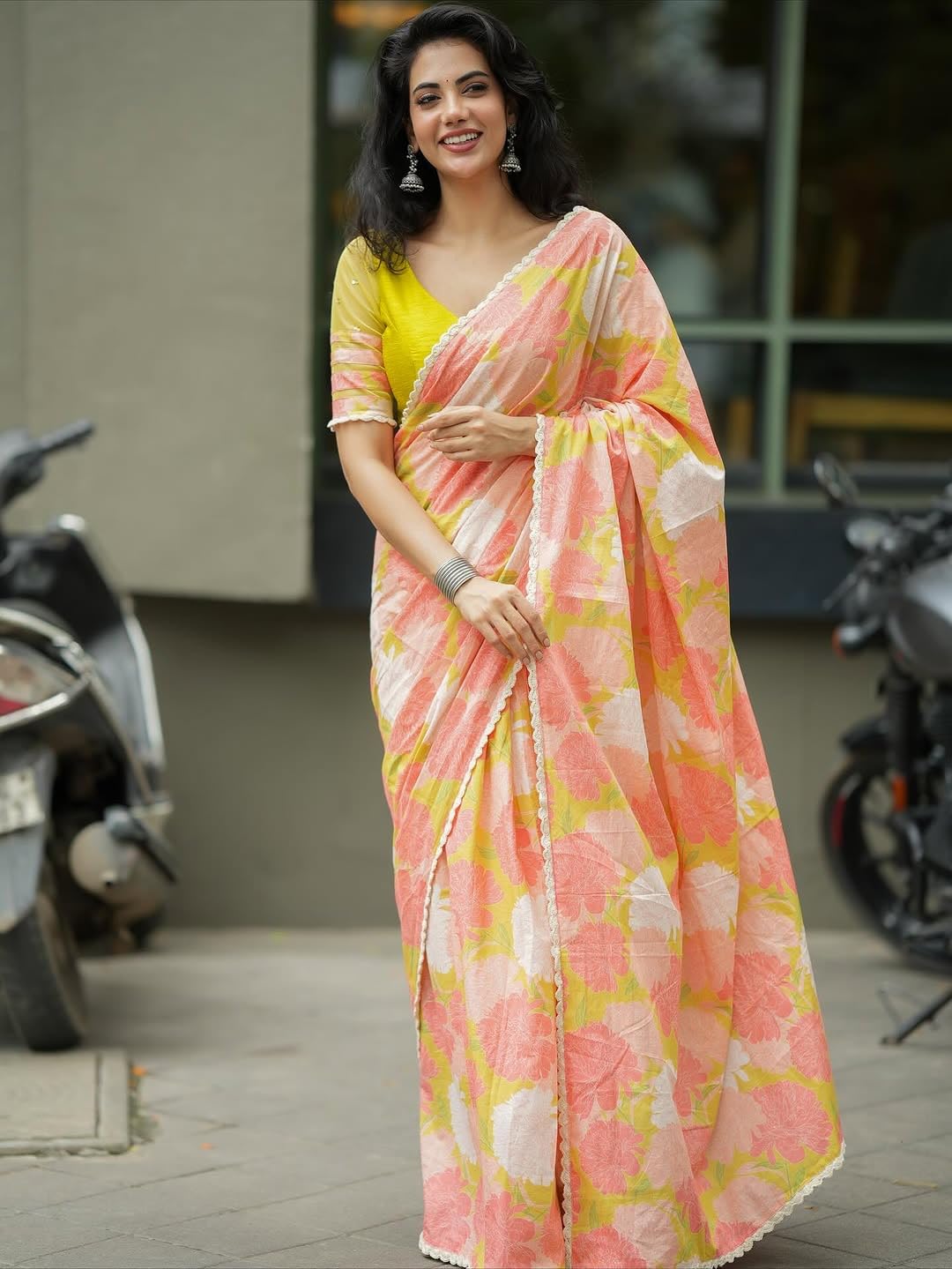 MARGI DESIGNERS Womens New Latest Bollywood Style Linen Cotton Floral Printed Fancy Lace Border Peach Saree with Blouse | Saree For Womens
