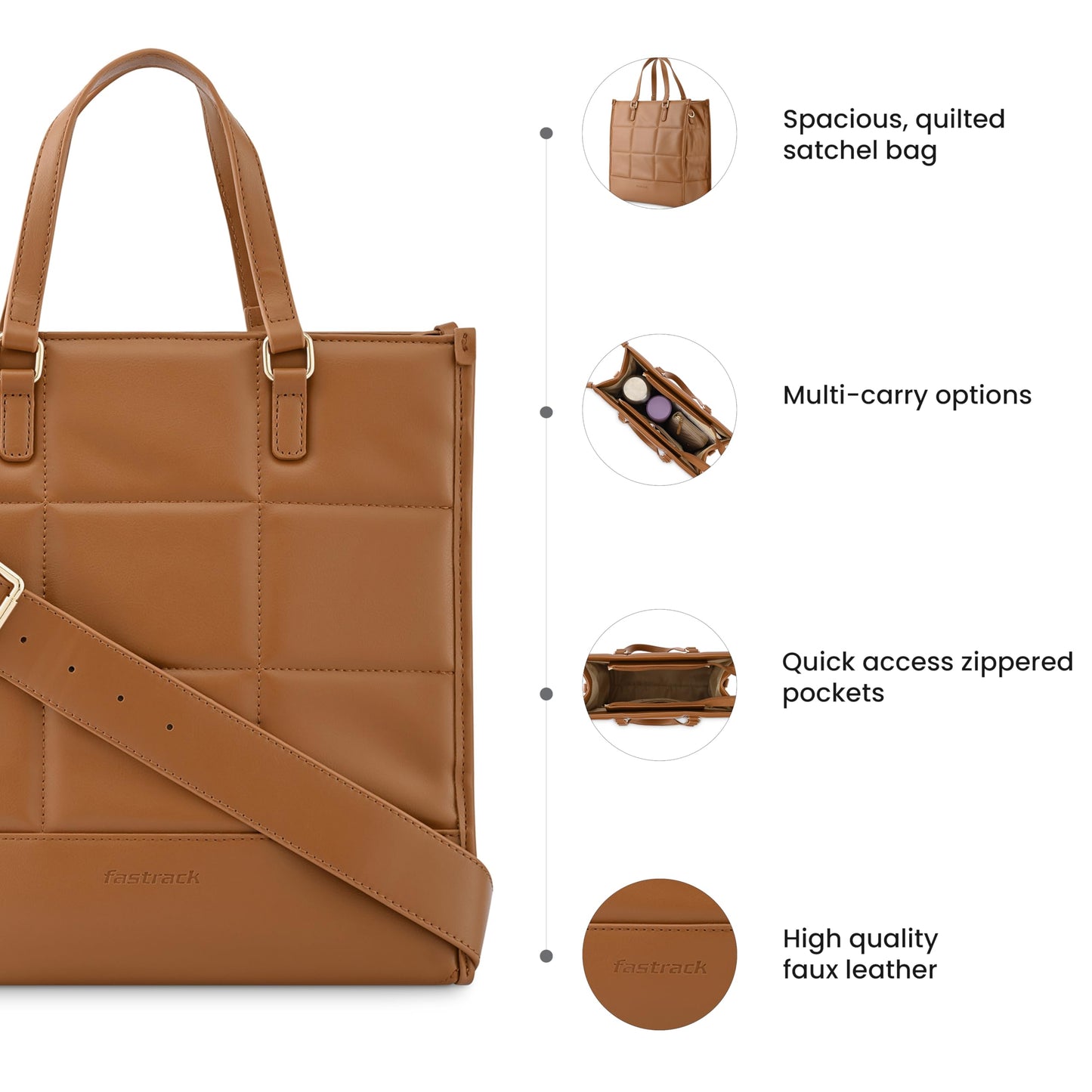 Fastrack PU Zipper Closure Women's Satchel Bag (Brown, LARGE)