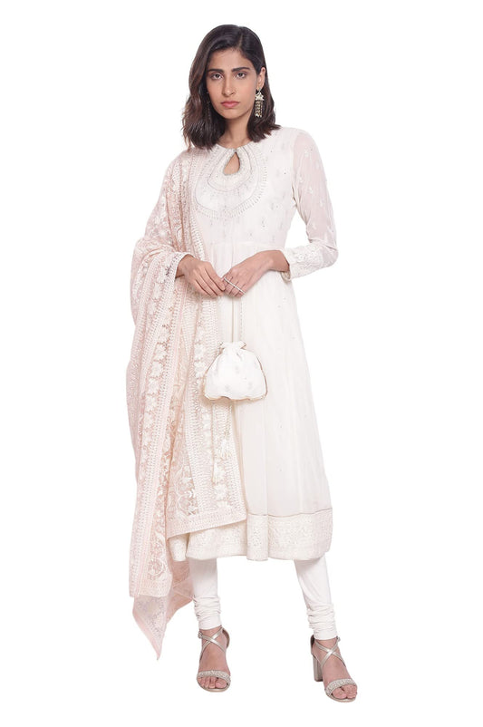 Wishful by W Light Yellow Anarkali Kurta-Churidar-Drape Set