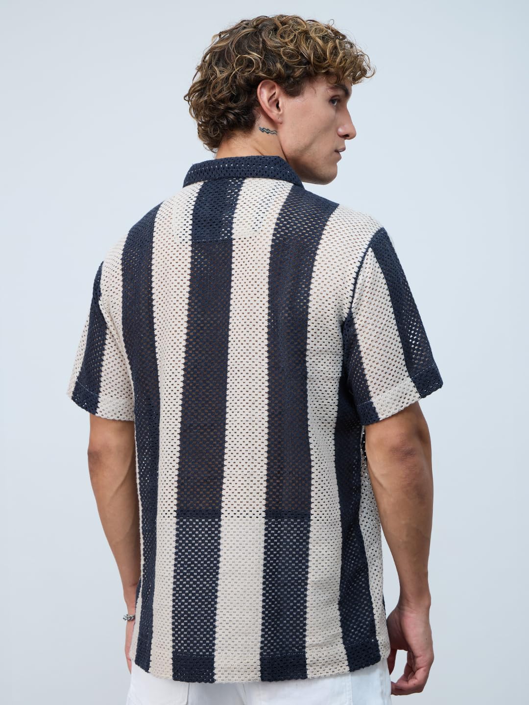 The Souled Store Open-Knit Shirt: Navy Stripes Men and Boys Short Sleeves Collared Neck Button Front Textured Cotton Blend Regular Fit Casual Textured Shirts