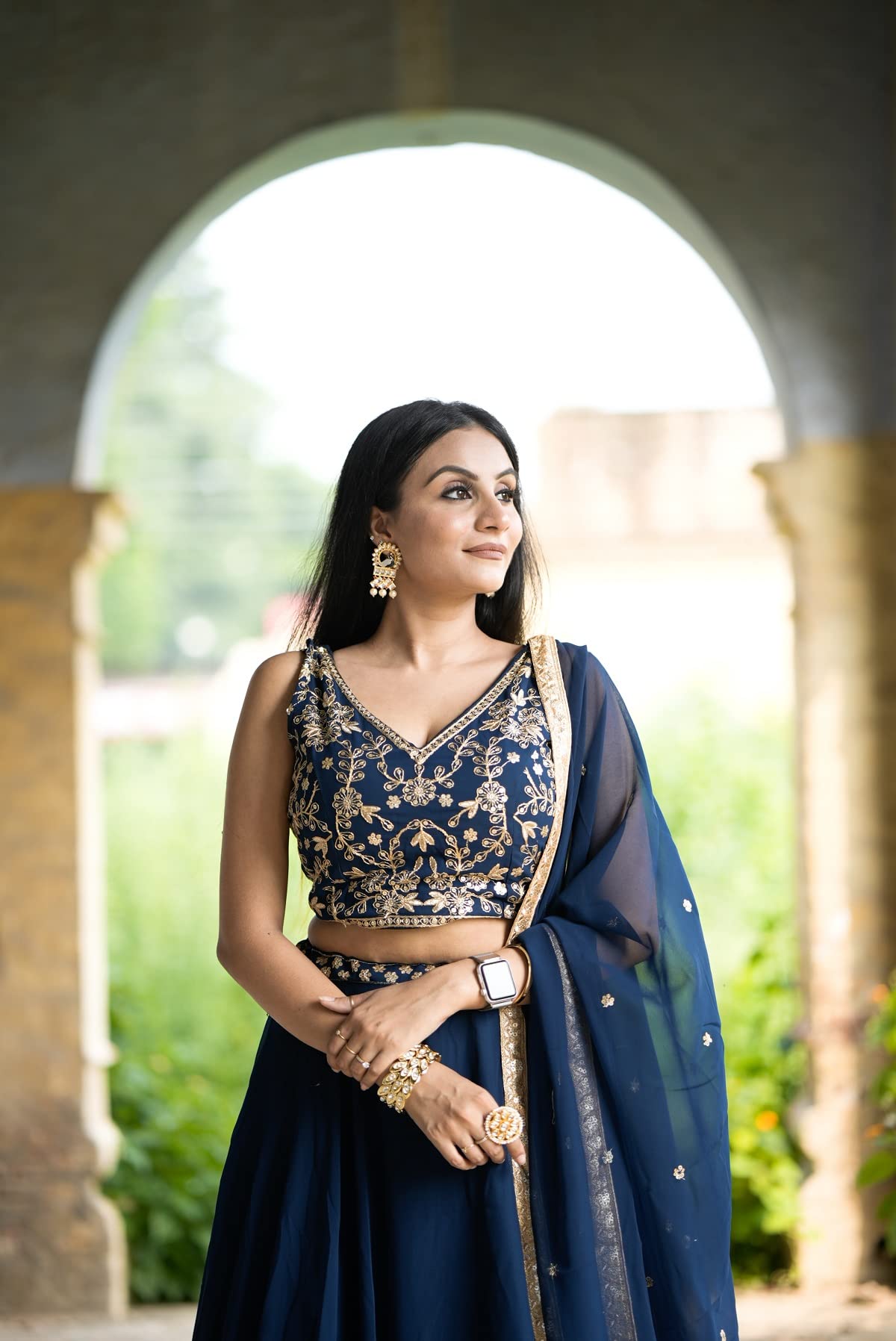 LooknBook Art Women's wear Navy blue Georgette Sequins and Thread Embroidery Work lehenga choli