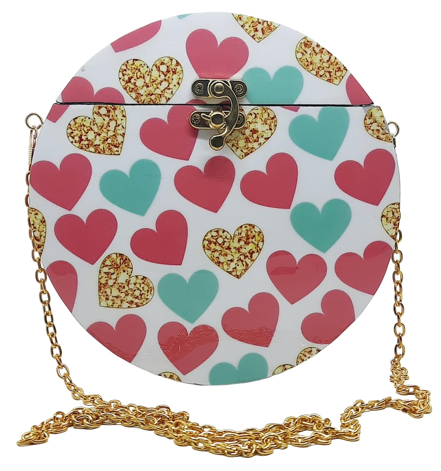 Trend Overseas Women's Handmade Wooden Printed Round Ethnic Clutch Bag/Bridal Purse/Handbag_Crossbody Sling Bags for Party (7.5 Inch) (Pink Heart)