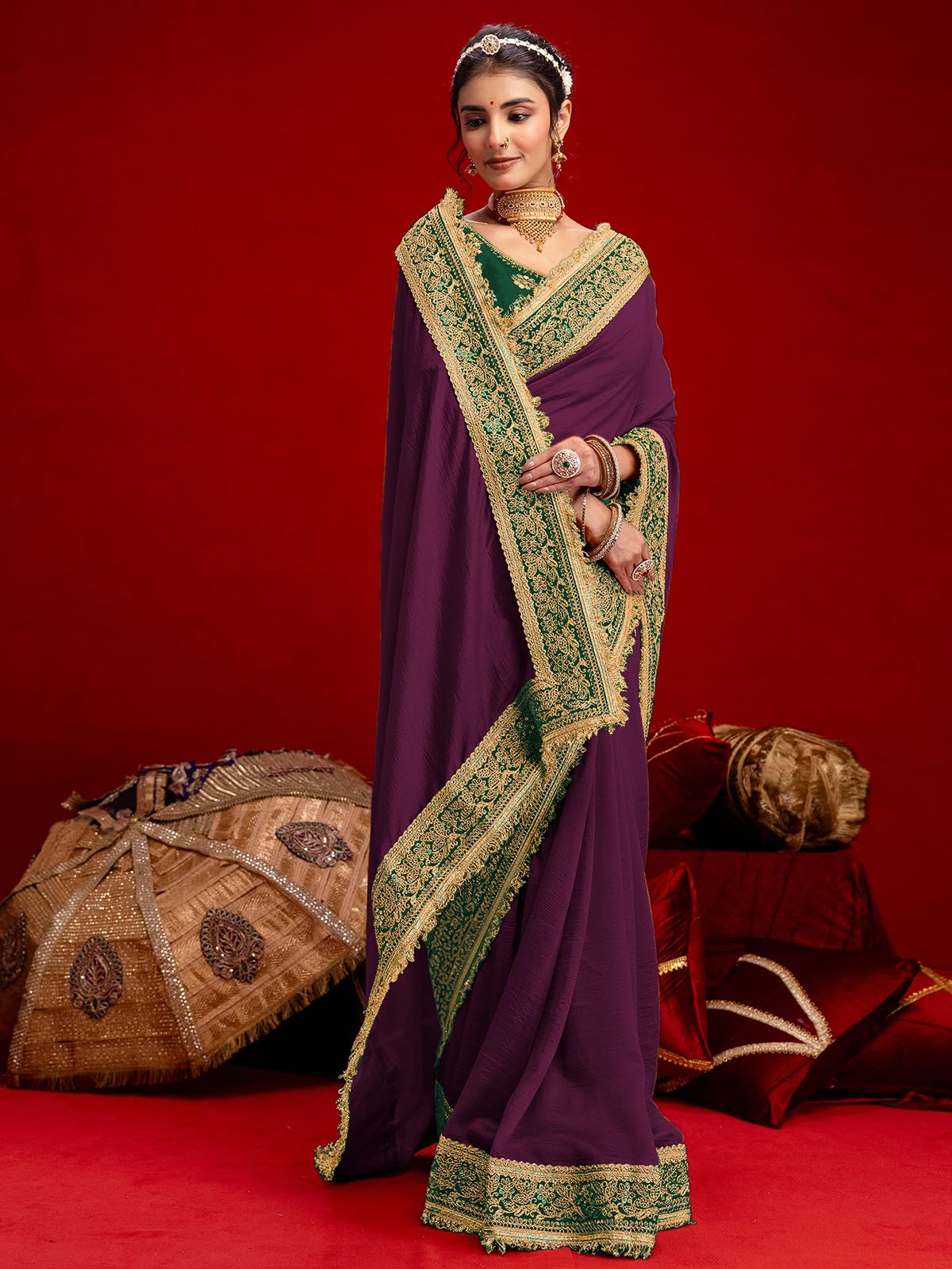 SIRIL Women's Vichitra Silk Sequins Embroidery Lace Saree With Unstitched Blouse Piece(5015S3584_Dark Purple)