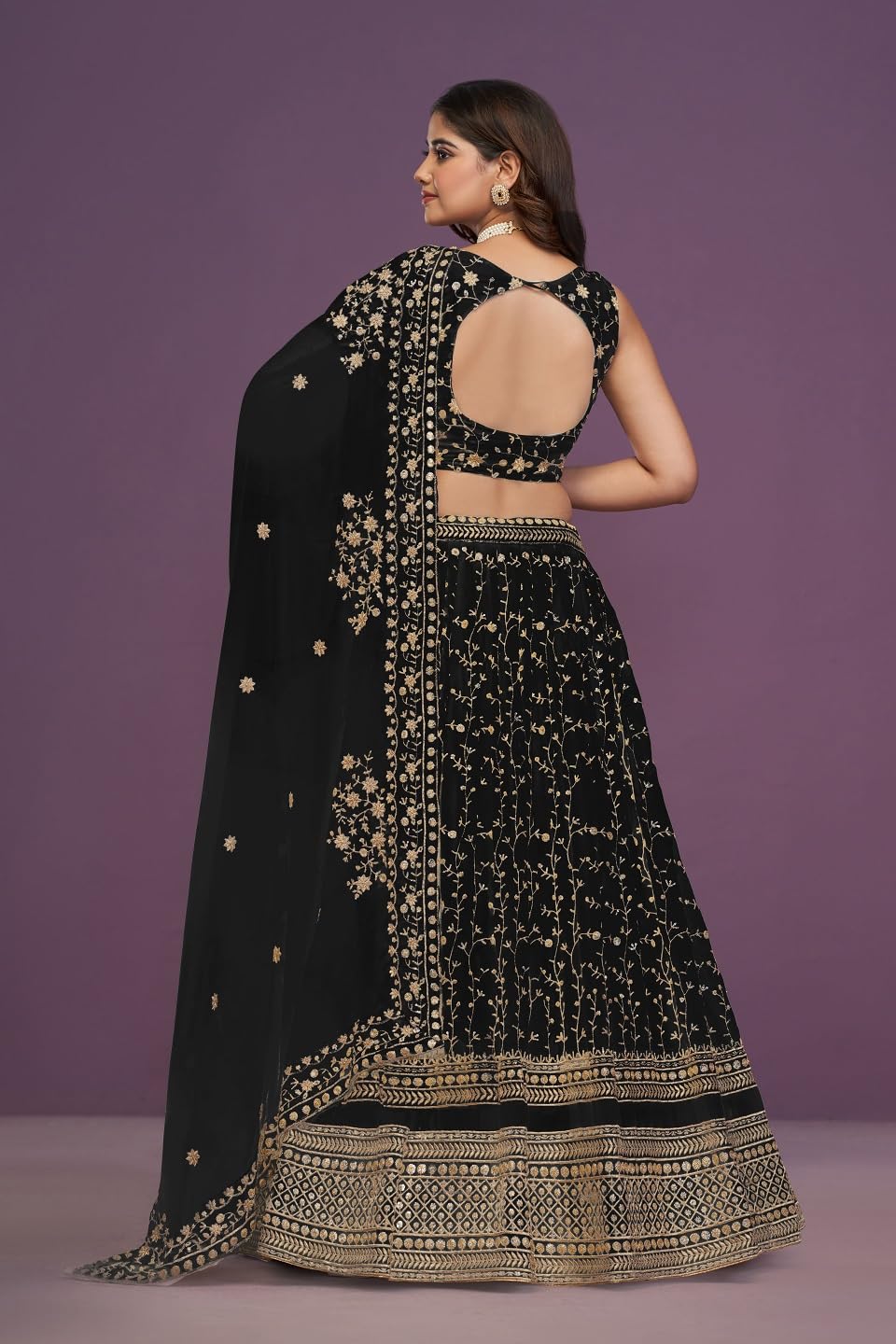 JIHU CULTURE Women's Georgette Zari Embroidery Work Semi-Stitched Lehenga Choli with Elegant Flare