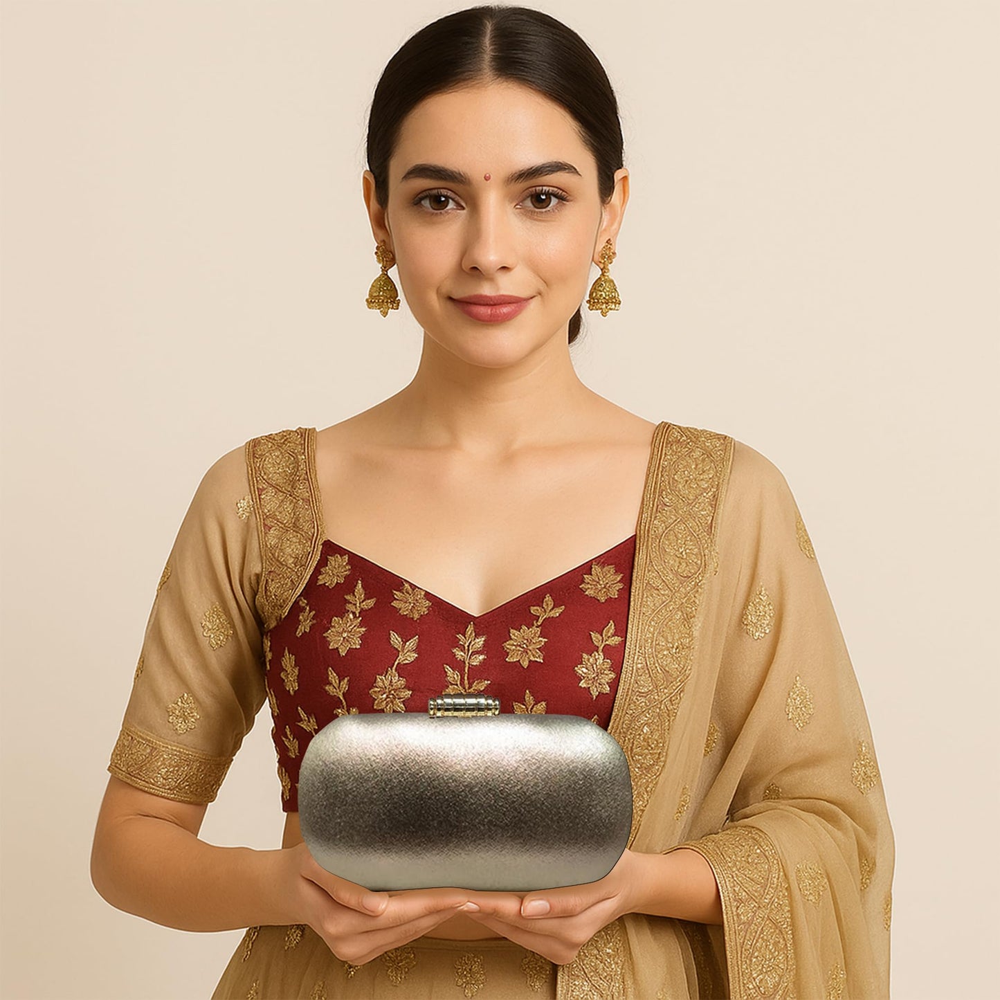 Artklim Golden Shimmery Party Clutch Bag For Women with Detachable Strap