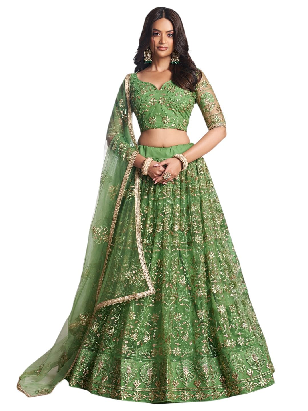 Zeel Clothing Women's Cotton Thread Sequins Work Embroidery Soft Net Readymade Lehenga Choli With Dupatta (Nfh-2205-Pista-Green-Women-Lehenga Choli Set Latest; Free Size)