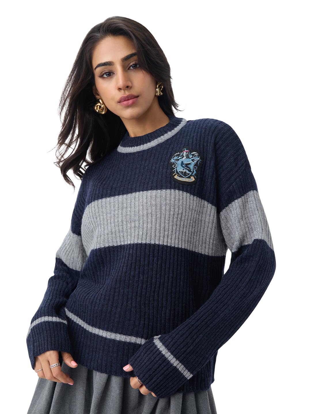 The Souled Store Harry Potter: The Thinkers Women and Girls Full Sleeves Round Neck Navy Grey Striped Acrylic Oversized Fit Ravenclaw Embroidered Winter Sweater