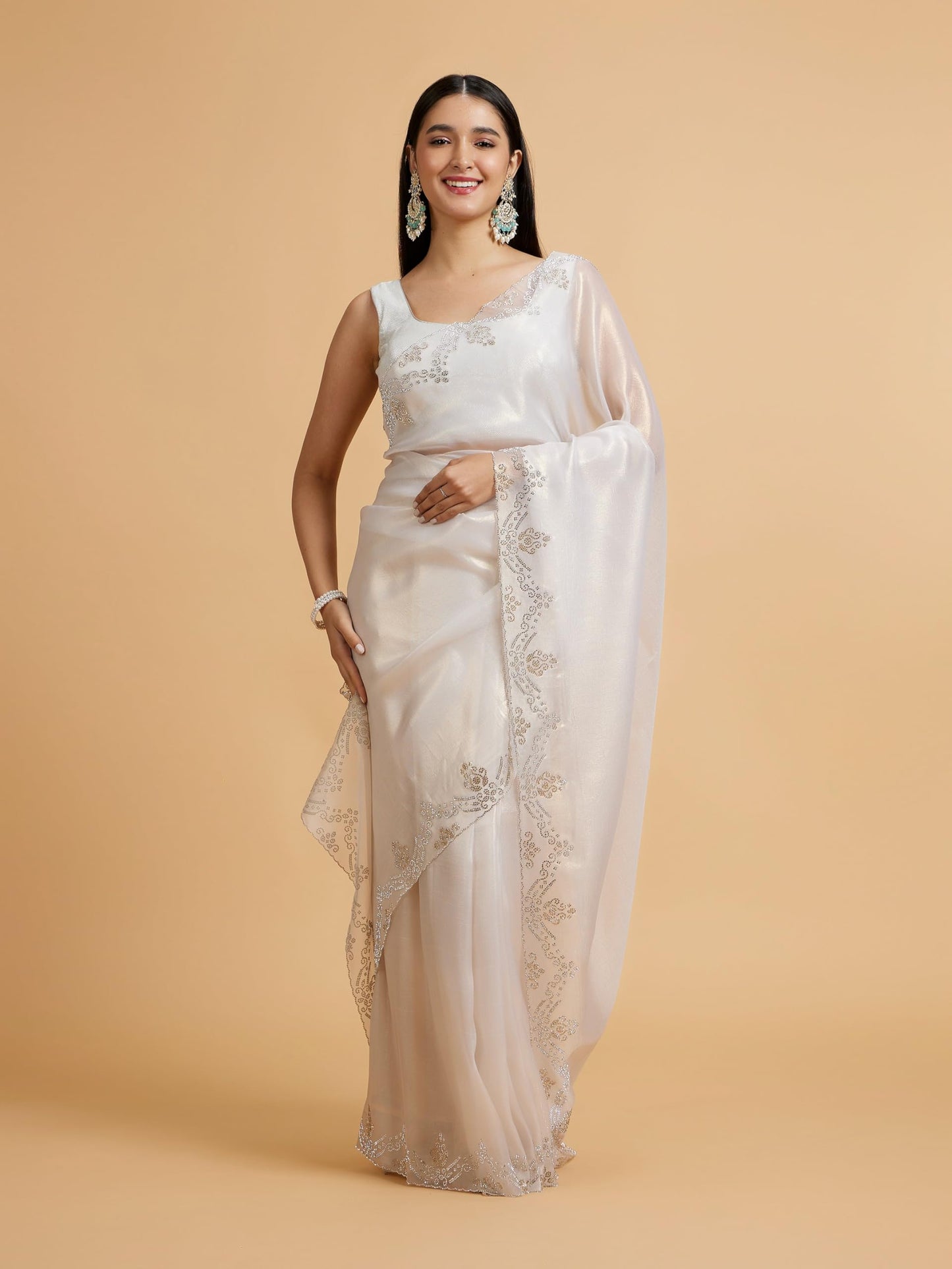 MOHEY Women's Organza Stone Work Saree(Cream)